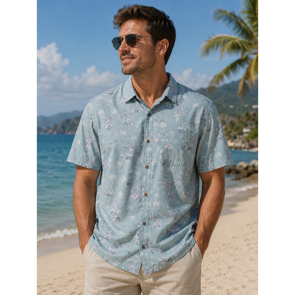 ISLAND SHORES Men's XL Green Red White Blue Palm Trees‎ Short Sleeve Shirt -1449